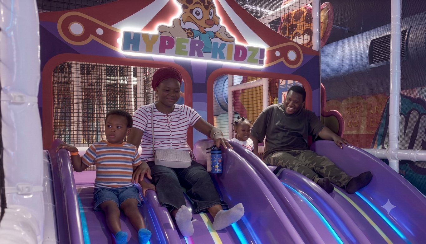 Family sliding together under the circus-themed Hyper Kidz sign at Hyper Kidz Richmond